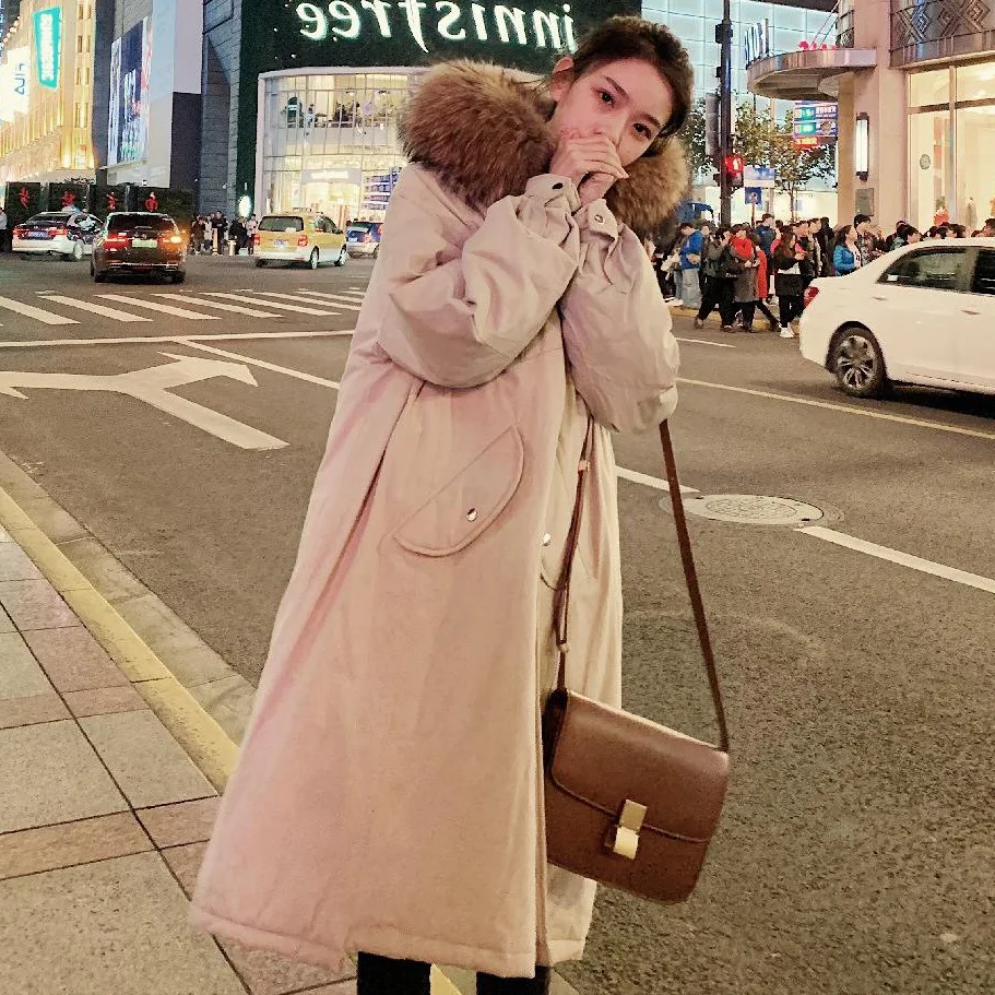 

2019 Korean-style CHIC Shallow Kaki Hooded Large Fur Collar Mid-length over-the-Knee Thick Workwear Cotton Overcoat Women's Wint