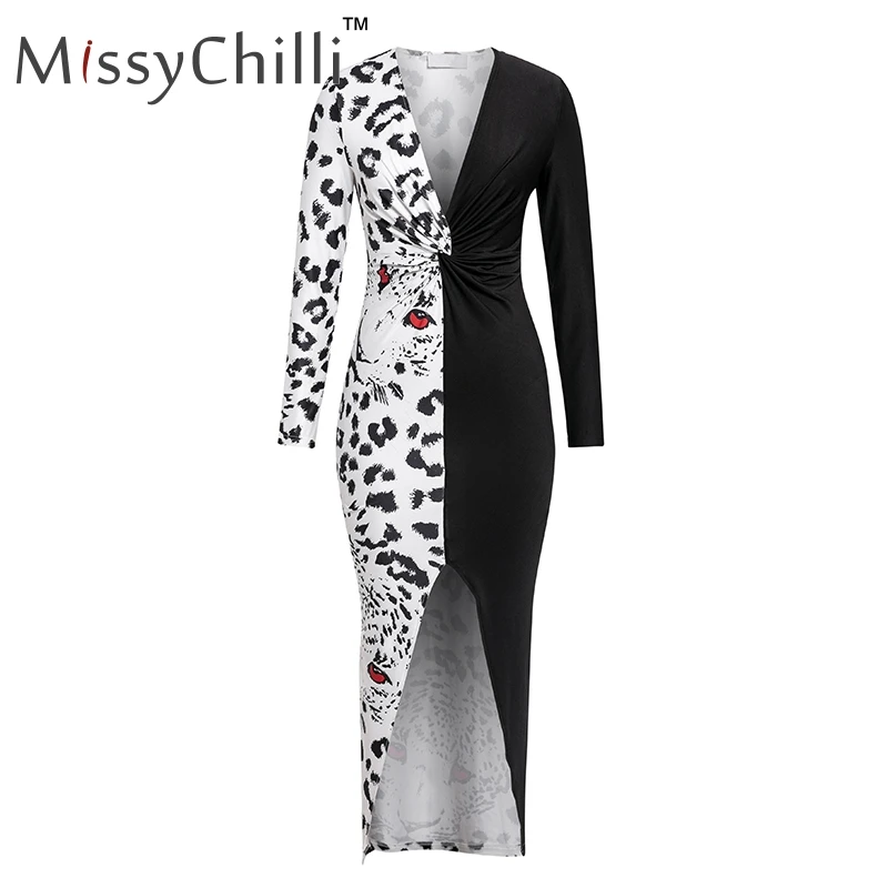 MissyChilli, сексуальное платье с глубоким v-образным вырезом и леопардовым принтом, женское облегающее платье с длинным рукавом, женское осеннее элегантное лоскутное платье с разрезом