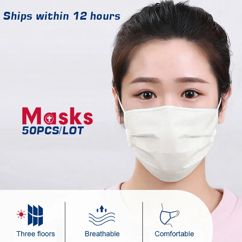 

50PCS Disposable Protective Mask 3 Layers Dustproof Facial Protective Cover Masks Maldehyde Prevent bacteria anti-virus Masks