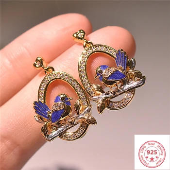

Sparrows Magpie 925 Silver Color Diamond Earring Branches with Drilling Blue Topaz Peridot Gemstone Garnet Earring Orecchini