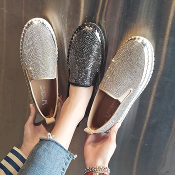 

Women's Shoes 2019 Autumn One Pedal Thick Bottom Lazy Casual Korean Wild Rhinestone Shoes 2 Color Round Head Deep Mouth Set Feet
