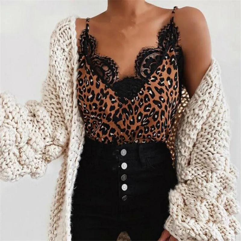 Femael Camisole новые сексуальные леопардовые кружевные Свободные повседневные топы, женские летние топы без рукавов с v-образным вырезом