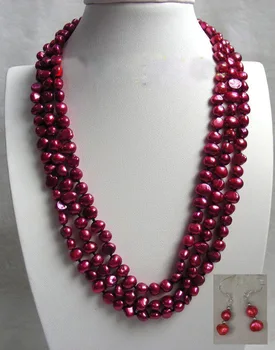 

genuine 100% natural 3row red Natural pearl necklace earring