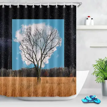 

Autumn Tree Shower Curtain Night Daytime Natural Scenery Creative Printing Fabric Bathroom Curtain Set with Hooks Art Decor
