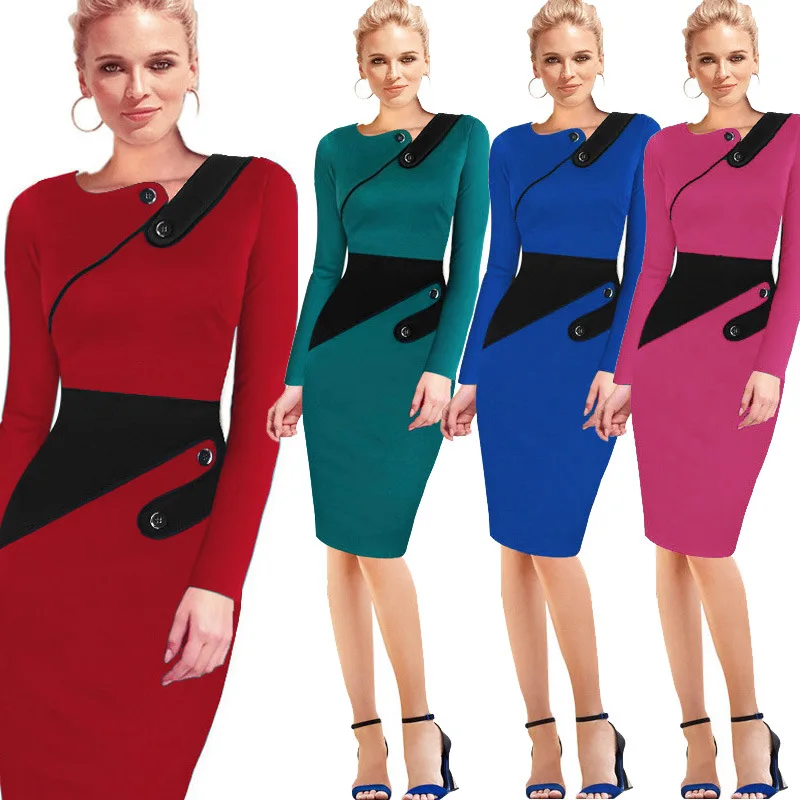 

Supply of Goods Brand WOMEN'S Dress Europe And America Big Brand High-End Long-sleeved Dress Joint Pencil Skirt Xxl-5xl