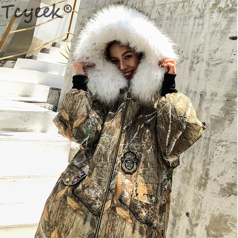 Tcyeek натуральный мех кролика рекс теплая парка женская одежда зимняя куртка женская с капюшоном из меха енота корейское длинное пальто Верхняя одежда 1802
