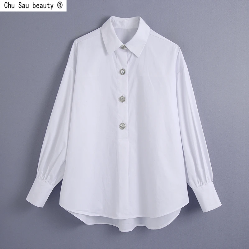 Autumn New Fashion Elegant Costume Jewelry Buttons Casual Single-Breasted Turn Down Collar Long-Sleeve Loose White Shirt Women | Женская
