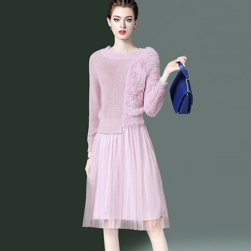 

Europe And America 2020 Spring New Style Autumn Clothing Two-Piece Dress Slimming Western Style Knitted Sweater Strapped Dress M
