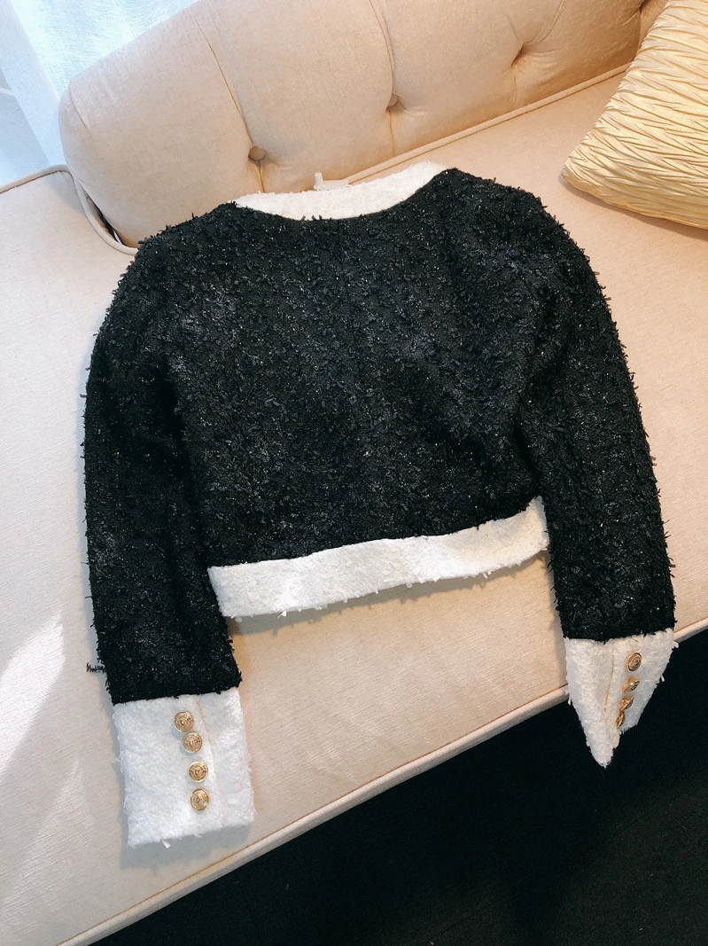 Brand fashion women's high-end luxury winter slim ladies elegant bright silk black white contrast color V-neck short cardiga
