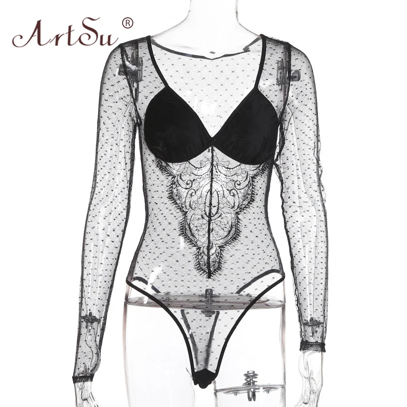 ArtSu, женское сексуальное Сетчатое боди в горошек с длинным рукавом и v-образным вырезом, прозрачное лоскутное бархатное Кружевное боди с цветочным принтом