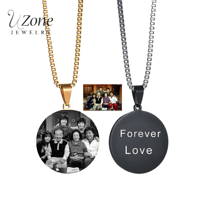 

Uzone Personalized Stainless Steel Round Pendant Necklace Custom Engraved Name Date Photo Necklaces For Family Memorial Gifts