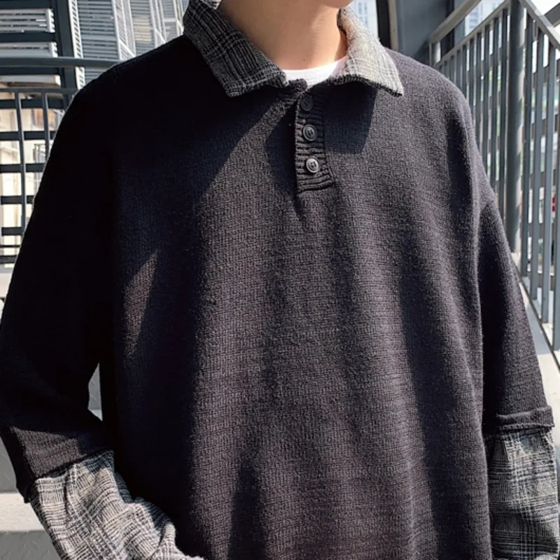 Winter Polo Sweater Men Warm Fashion Plaid Stitching Casual Lapel Pullover Men Sweter Clothes Loose Long-sleeved Sweater Man