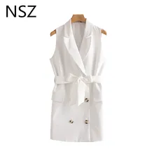 NSZ женский белый длинный жилет без рукавов Блейзер, пиджак, пальто Elegante с поясом карман тонкий двубортный безрукавка жилет