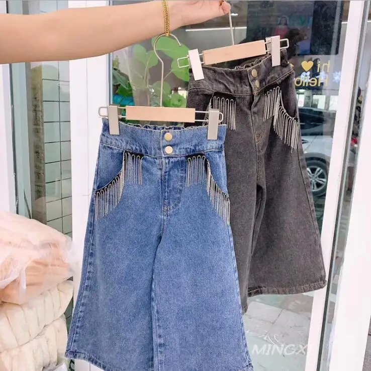 

2019 Korean style girls denim wide pants tassel fashion autumn winter girls jean pants 3-8t C311