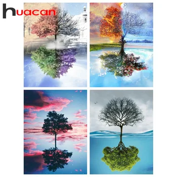 

Huacan Diamond Painting Tree Reflection Diamond Embroidery Four Seasons Landscape Cross Stitch Mosaic Home Decor