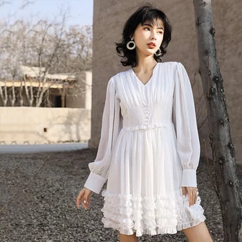 

2020 Femininity V-neck Pleated Dress Summer New Loose Thin Fungus Lace Printed Fairy Skirt Dress