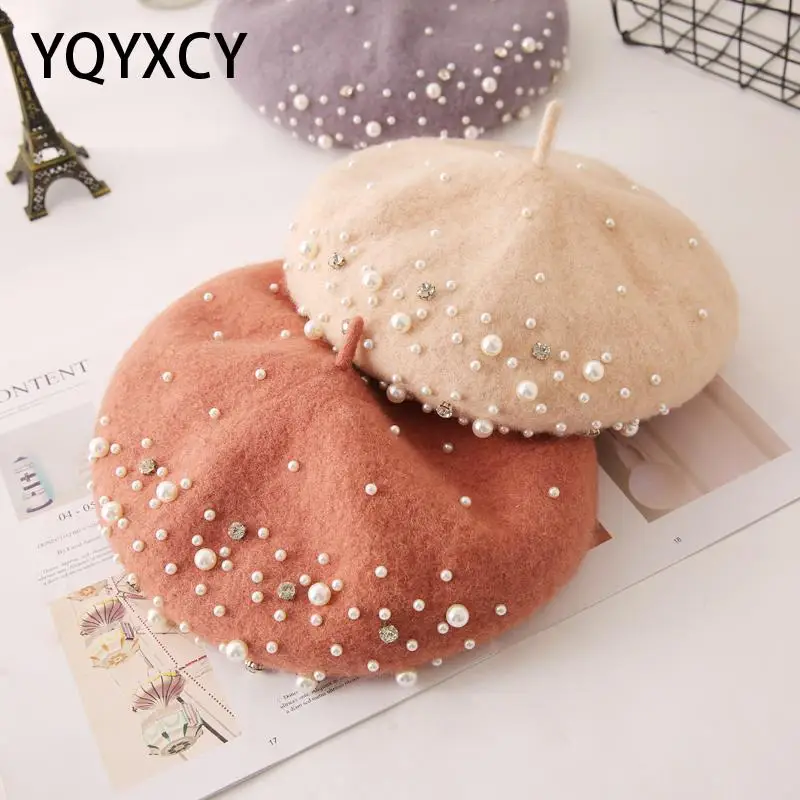 

Winter Wool Beret With Rhinestone Pearls Beads Female Wool Cap Winter Autumn Spring Hat Solid Color Top Quality Women Boina