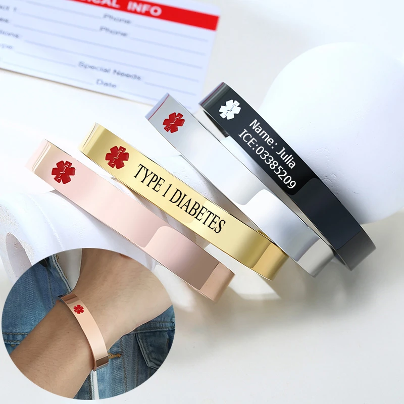 Medical Alert Cuff Bracelets Customize TYPE 1 DIABETES SOS Open Bangles Stainless Steel Women Man Personalized Jewelry  Украшения | Customized Bangles -4001116787082