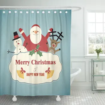 

Blue Christmas Santa Claus Snowman and Deer Retro Green Shower Curtain Waterproof Polyester 72 x 78 inches Set with Hooks