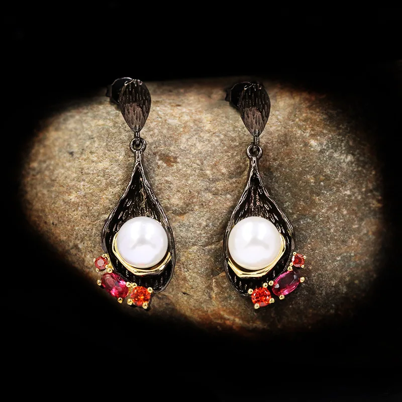 Luxury Retro Diamond-studded Pearl Earrings Wild Hollow Water Drop Black Gold Jewelry Attending Cocktail Party Ladies | Украшения и
