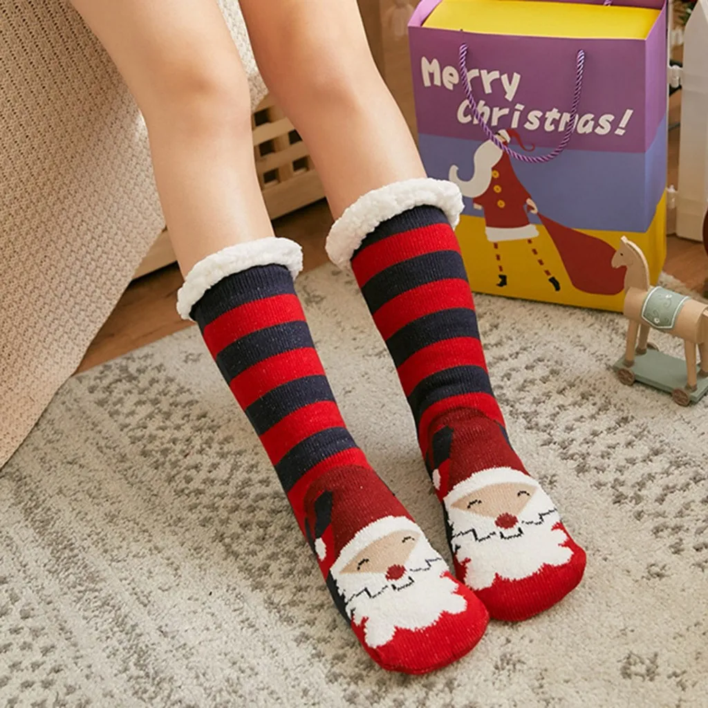 Забавные Женские носочки, зимние, рождественские, полосатые, хлопковые, с принтом, толстые, противоскользящие, домашние носки, ковер, Sokken Meias, носки