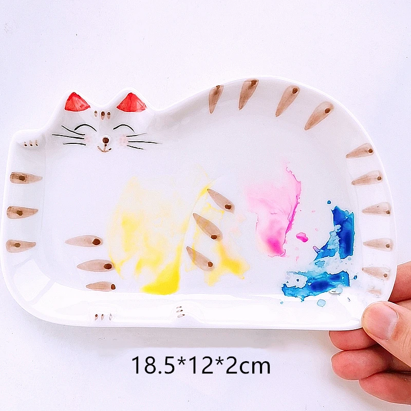 Ceramic palette Watercolor Painting Dish Kawaii kitten White Porcelain Color Palette Office profession painting Art Supplies