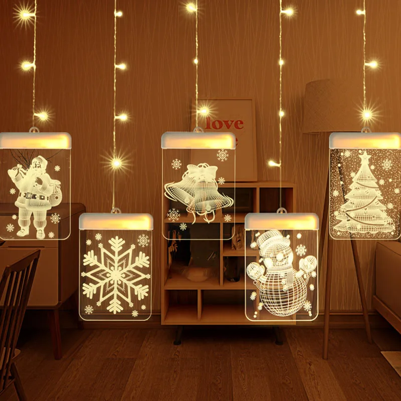 

1.5M 5LED USB Christmas Lamp String 3D Bells Snowflakes Christmas Tree Hanging Light Room Decoration Acrylic Curtain Lamp