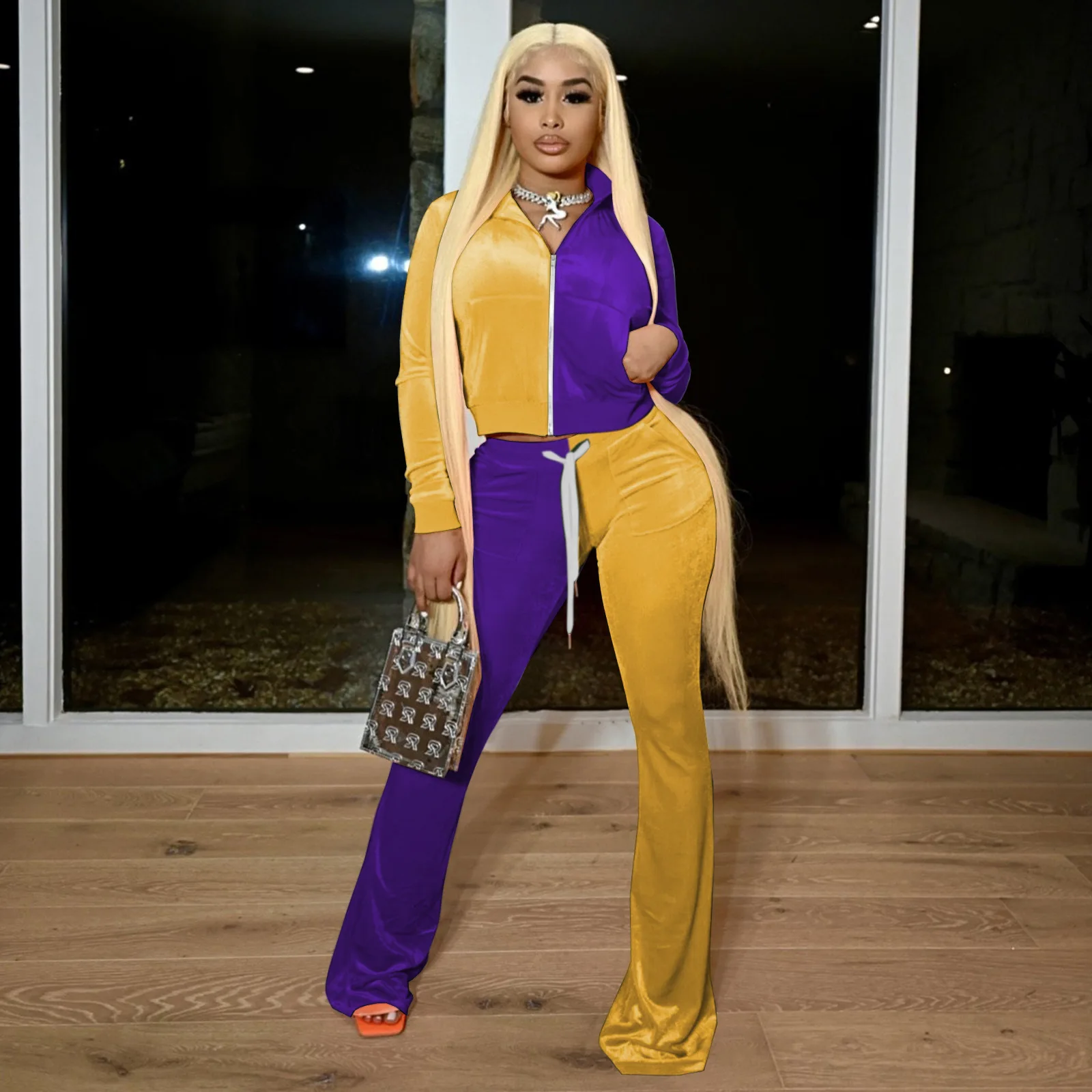 Winter Velvet Two Piece Set Women Purple Gold Tracksuit Zip Jacket Crop Top+Wide Leg Pants Sweatpants Matching Sets Casual Suits |