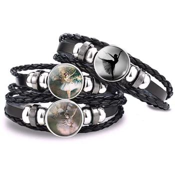 

Degas Ballerina Bnagle Bracelet Ballerina Glass Cabochon Braided Button Bracelet Black Leather Woven Bangle for Ballet Lovers