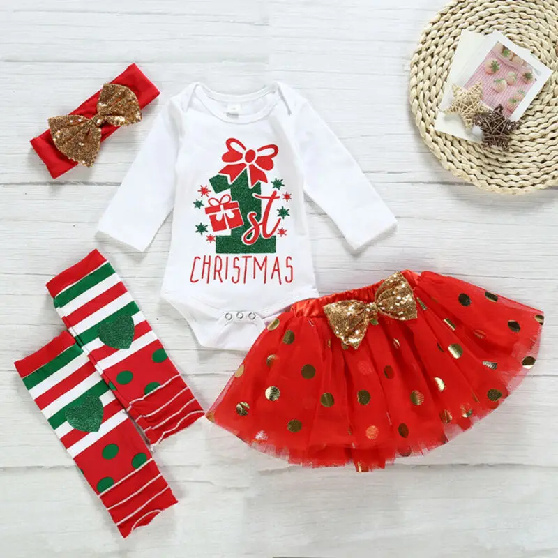 

0-18M My 1st Christmas Baby Girl Clothing Set Newborn Infant Girl Letter Romper Tutu Skirt Leg Warmers Outfits Xmas Clothes