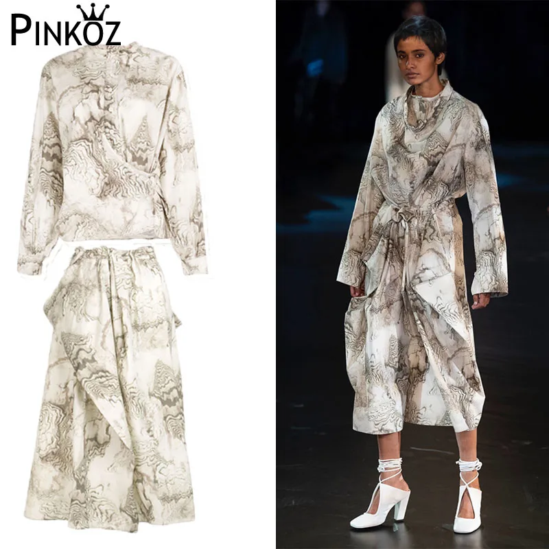 

Pinkoz Runway Designer Spring Autumn Chinese Style ink printed Single Breasted Blouse + Women Irregular Shirt Two Piece Set