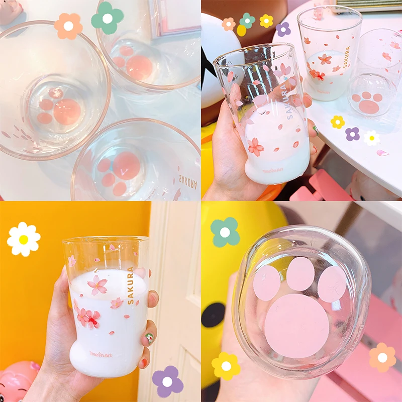 300 мл креативная милая Сакура термостойкая стеклянная чашка мультфильм Kawaii кошка лапа кружка стакан для завтрака чашки для молока кофе для детей