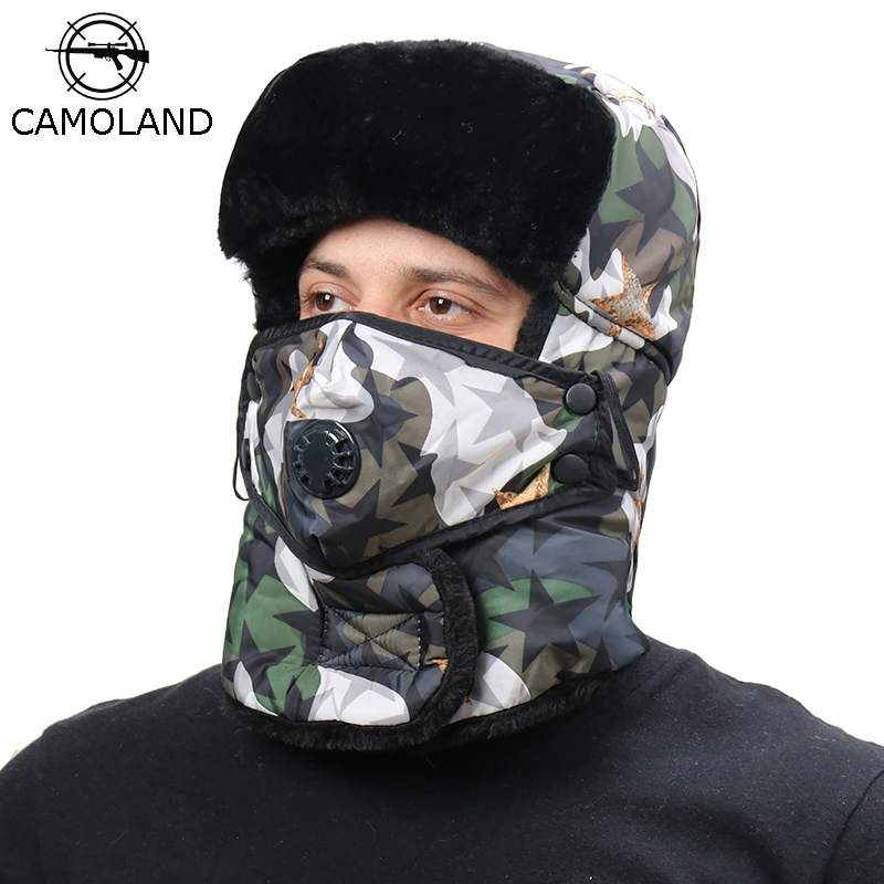 

CAMOLAND Winter Warm Earflap Caps Women Men Scarf Bomber Hats Camouflage Trapper Trooper Hat Windproof Russia Snow Skiing Caps