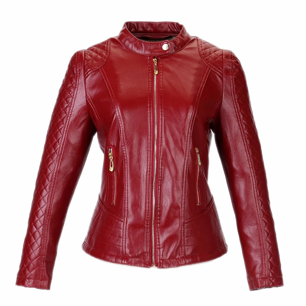 6XL модная женская короткая мотоциклетная красная куртка из искусственной кожи на молнии для женщин, базовые осенние куртки, большие размеры верхней одежды - Цвет: Красный