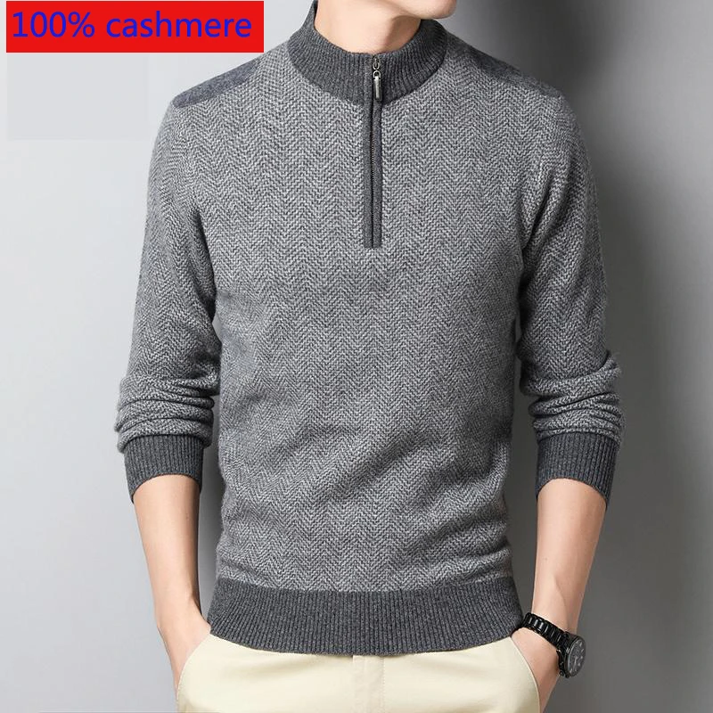 New High Quality Winter Men Cashmere Semi High Zipper Collar Computer Knitted Casual Thick Men Sweater Plus Size XS-5XL
