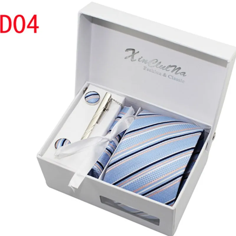 

7CM Men Tie Waterproof With Gift Box Handmade Silkpolyester 4pcs In One Handkerchief Clip Tie Cufflink Men Business Necktie Set