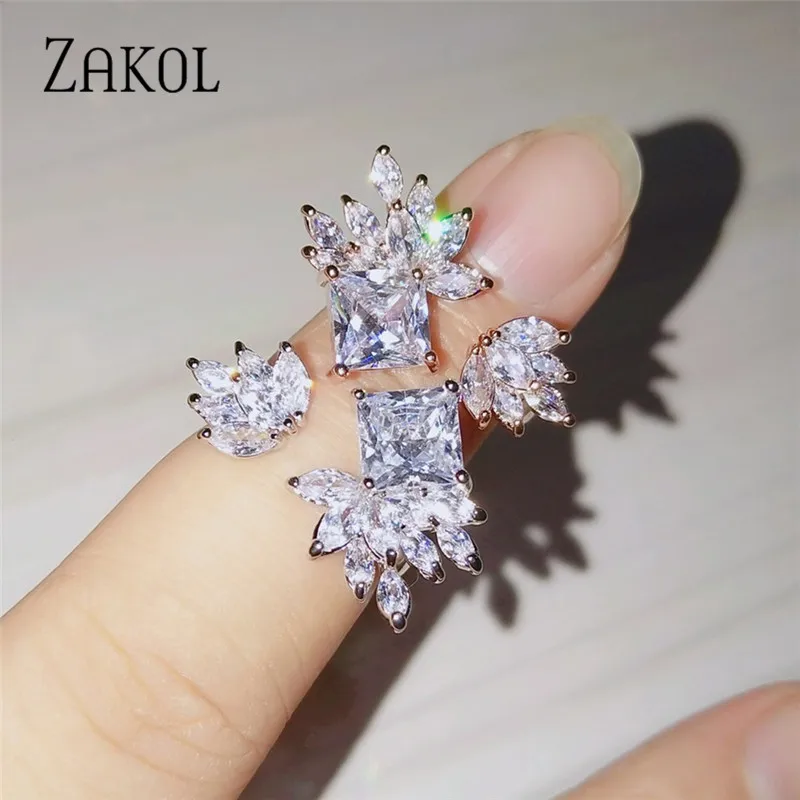 ZAKOL Новое поступление желтая квадратная AAA фианит открытые кольца Модные Листья Свадебные вечерние платья Ювелирные изделия FSRP2109
