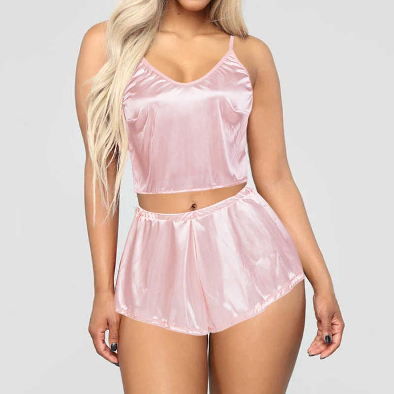 

2020 Summer Two Piece Set Womens Silk Pajamas Set Sleepwear Sexy Sleeveless Crop Tops Shorts 2pcs Set Nightwear Plus Size V-neck