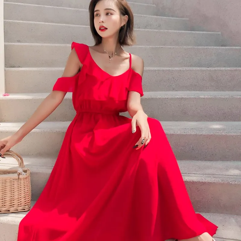 

Summer Women Boho Sexy Backless Long Maxi Dress Casual Red Chiffon Dress Elegant Sling Beach Holiday Dress Vestidos
