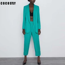 Осенние рабочие брюки костюмы OL 2 шт наборы Офисная Леди Длинный блейзер куртка топы и брюки с эластичной талией костюм для женщин комплект Feminino