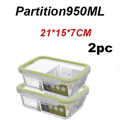 Partition-950ml 2PC Стеклянный Ланч-бокс подходит для нагревания в микроволновке охлажденный запаянный герметичный контейнер для еды прозрачный боросиликатный контейнер для еды - Цвет: Partition-950ml 2PC