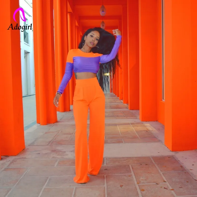 

Orange Color Block Women 2 Piece Set Sexy Long Sleeve Tops and Wide Leg Sweat Pants Suit Two Piece Matching Set Jogging Outfits