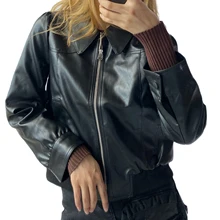 

Women Black Leather Jacket Cool Handsome Locomotive Style Long Sleeve Turn-down Collar Zipper Closure Cool Tops Outwear