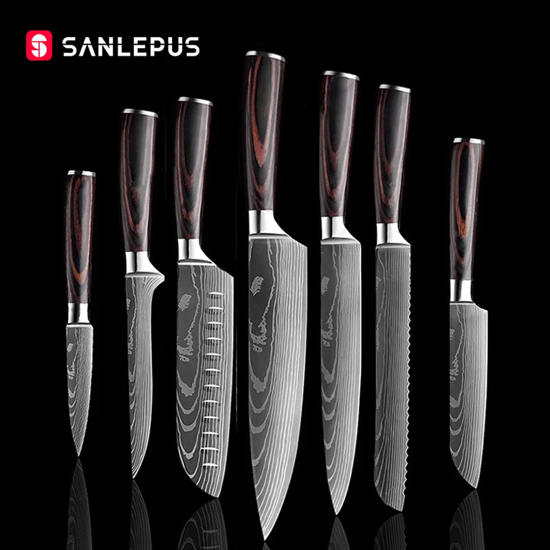 SANLEPUS Chef knife 7 PCS Set Kitchen Knives Laser Damascus Pattern Sharp Japanese Santoku Knife Cleaver Slicing Utility | Дом и сад