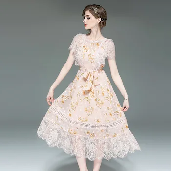 

New 2020 Women Summer High Street Fashion O Neck Short Sleeve Printing Dress With Sashes Female Slim Elegant Chiffon Hot Dress