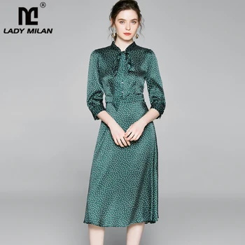 

95% Silk Women's Dress Bow Collar 3/4 Sleeves Dots Printed Fashion Casual High Street Dresses