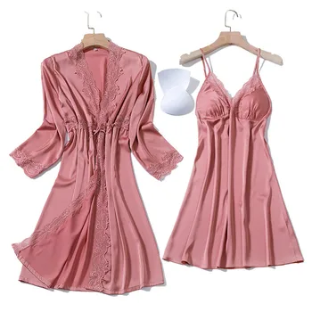 

Perfering Fashion 2/piece Women Faux Silk Robe Gown Set Hot Winter Sexy Nightgowns Women Sleepwear Dress Woman Pajamas Bathrobe