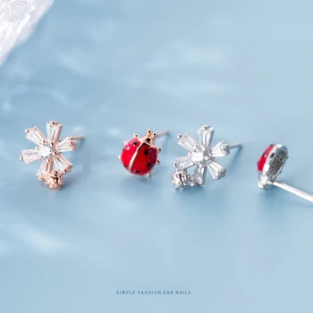 

Modian Shiny Zircon Blooming Flower Red Enamel Cute Beetle Stud Earring for Women 925 Sterling Silver Asymmetry Ear Pin Jewelry