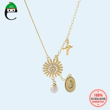 

Gold Charm Necklace 100% 925 Sterling Silver Made Sun Style Drop Pendant Necklace Fashion Jewelry For Girls Office Lady DS1679