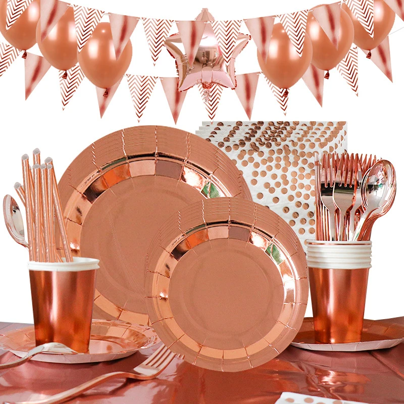 Platos y vasos de papel de oro rosa, decoraciones para de cumpleaños, para fiestas infantiles, de vajilla desechables, cuchara, tenedor y de fiesta desechable| - AliExpress